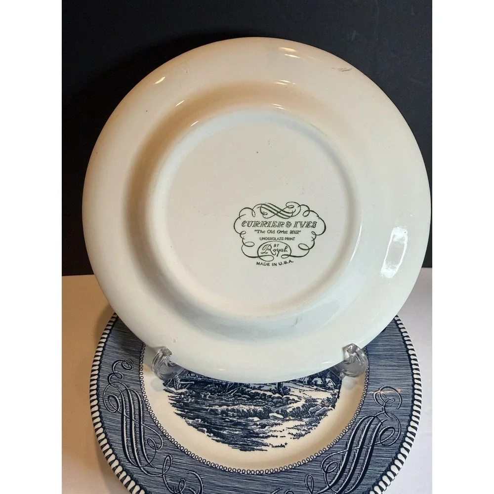 Set of 8 Currier & Ives Old Grist Mill Dinner Plates Royal USA Blue Transferware